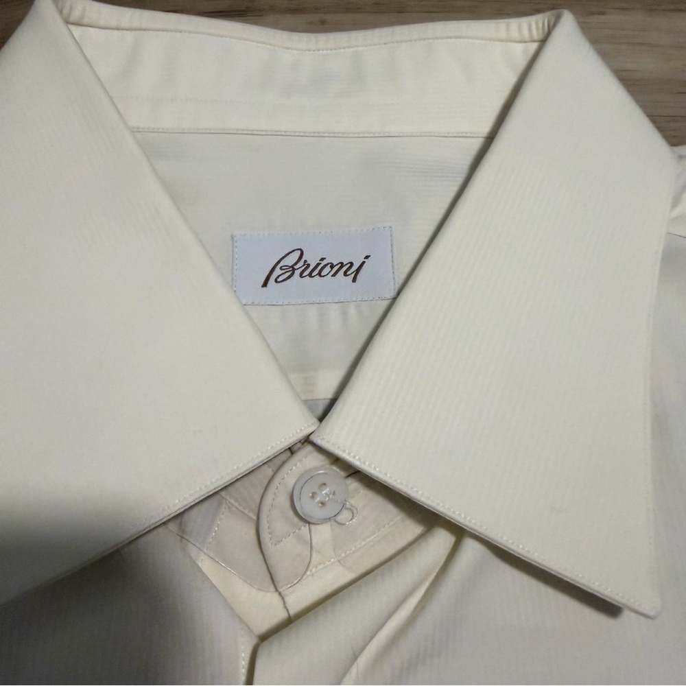 Brioni Shirt Mens 17.5 / 44 XL Ivory White Striped Button Up Dress Shirt Italy - Picture 5 of 10
